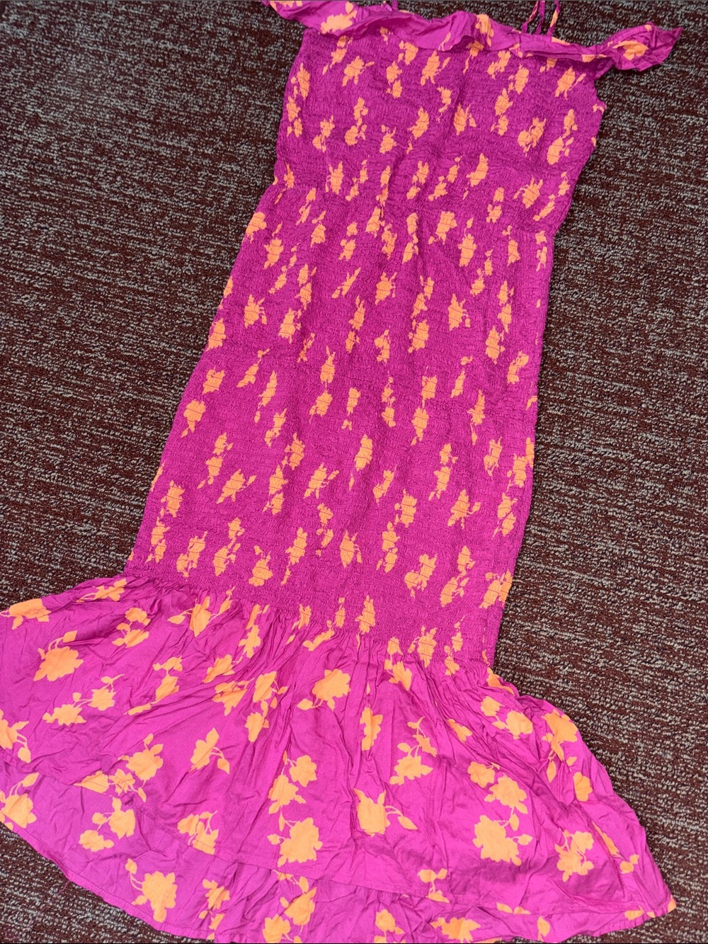 Anthropologie dress magenta smocked floral bell hem removable strap fitted med